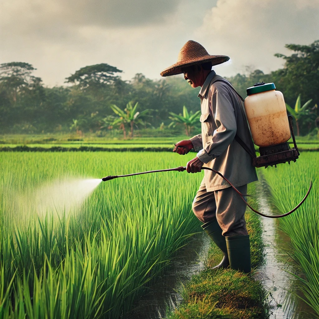 A Man spreaying kerosene oil in paddy crop Image